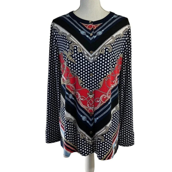 Dana Buchman Button Up Silky Cardigan Polka Dot Gold Buttons Navy White Tan - Picture 1 of 7